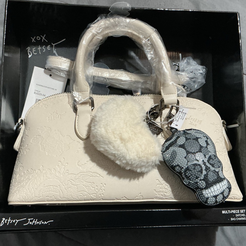 Betsey Johnson Cream Satchel with Heart and Skull Charms